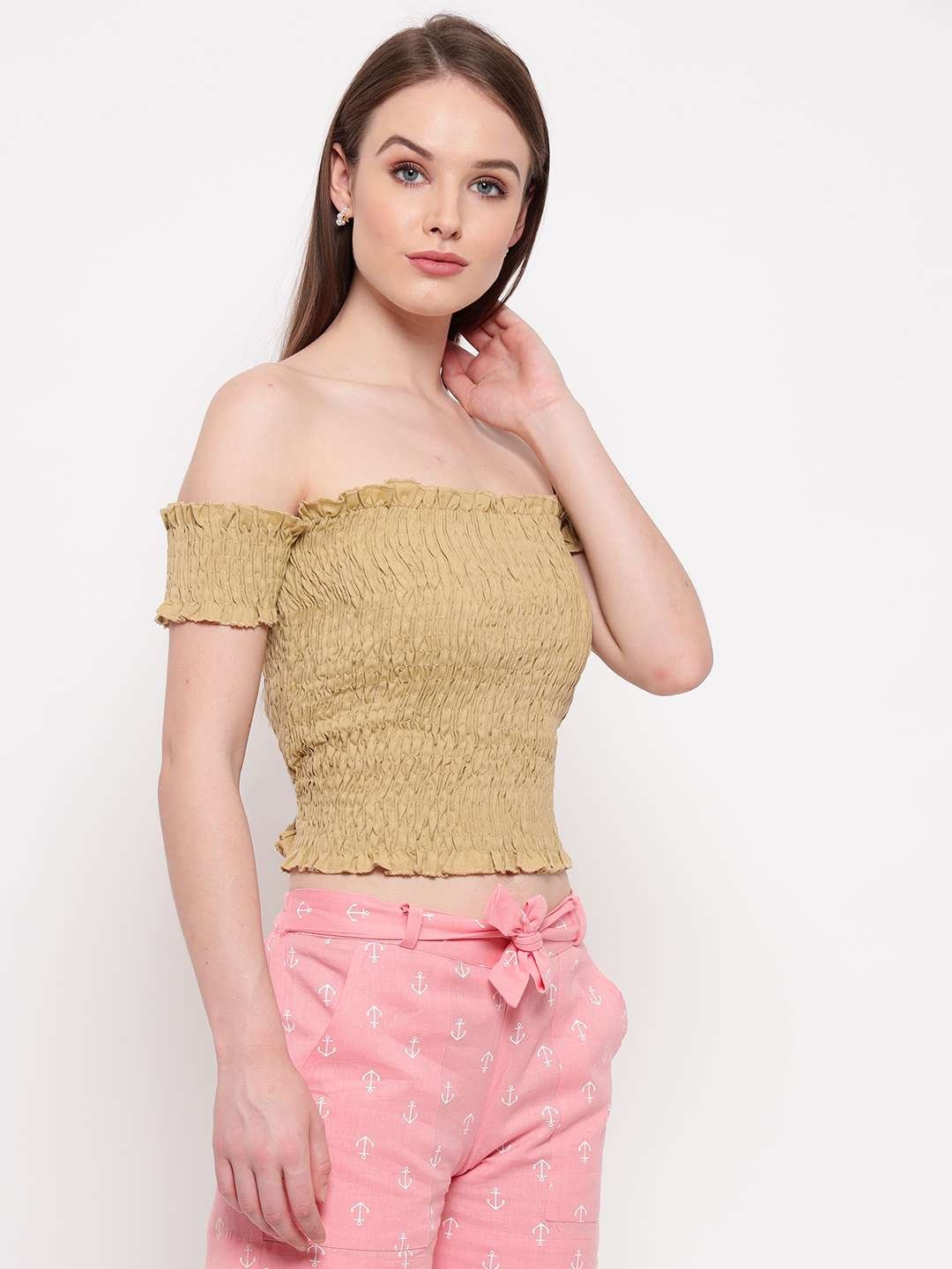 Women's Rayon Solid Off-Shoulder Smocked Crop Top Short Sleeve Casual Styles Tank Top (FREE SIZE) Multi19 - Image 3
