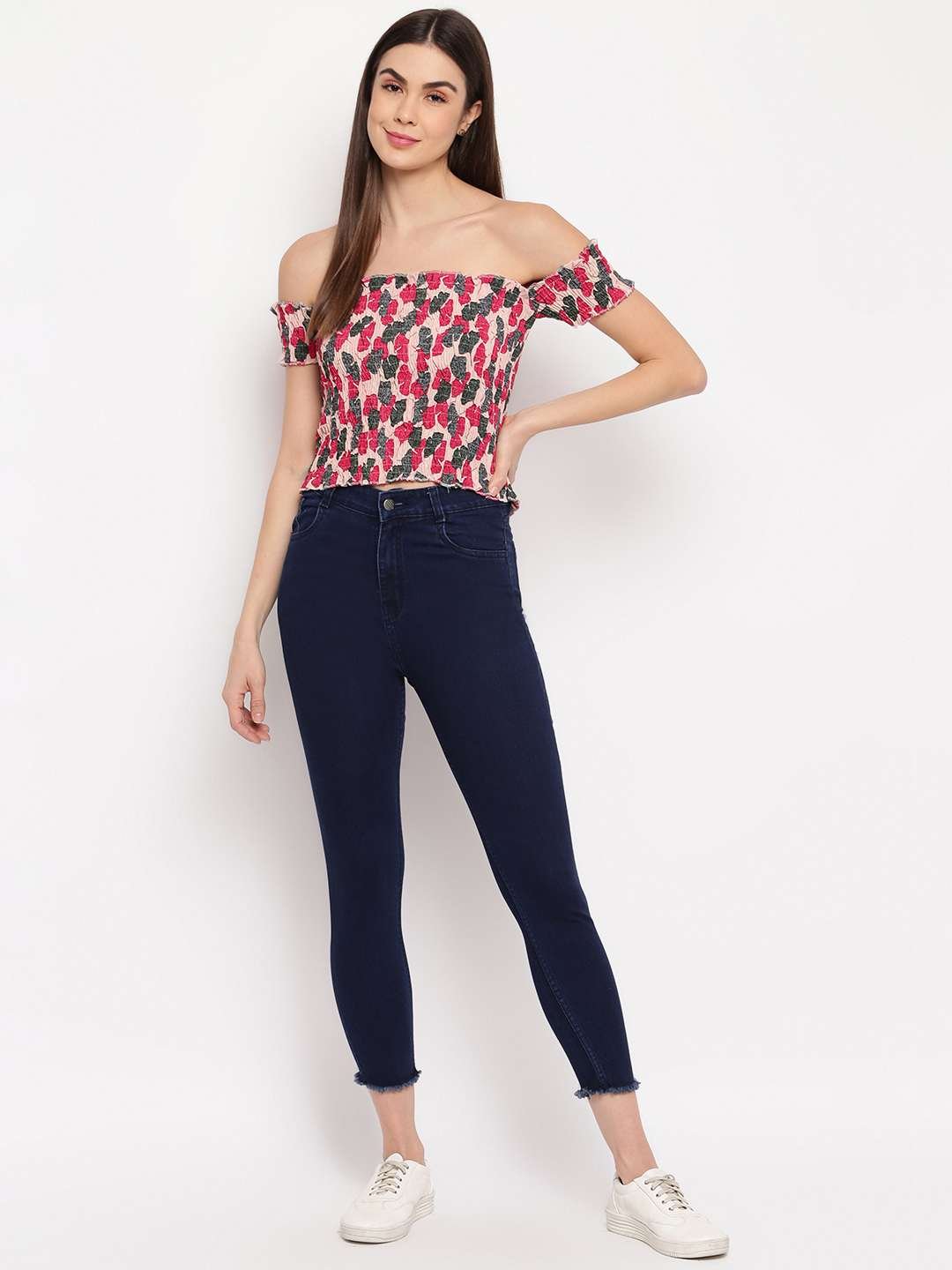 Women's Rayon Printed Off-Shoulder Smocked Crop Top Short Sleeve Casual Styles Tank Top (FREE SIZE) Multi35 - Image 4