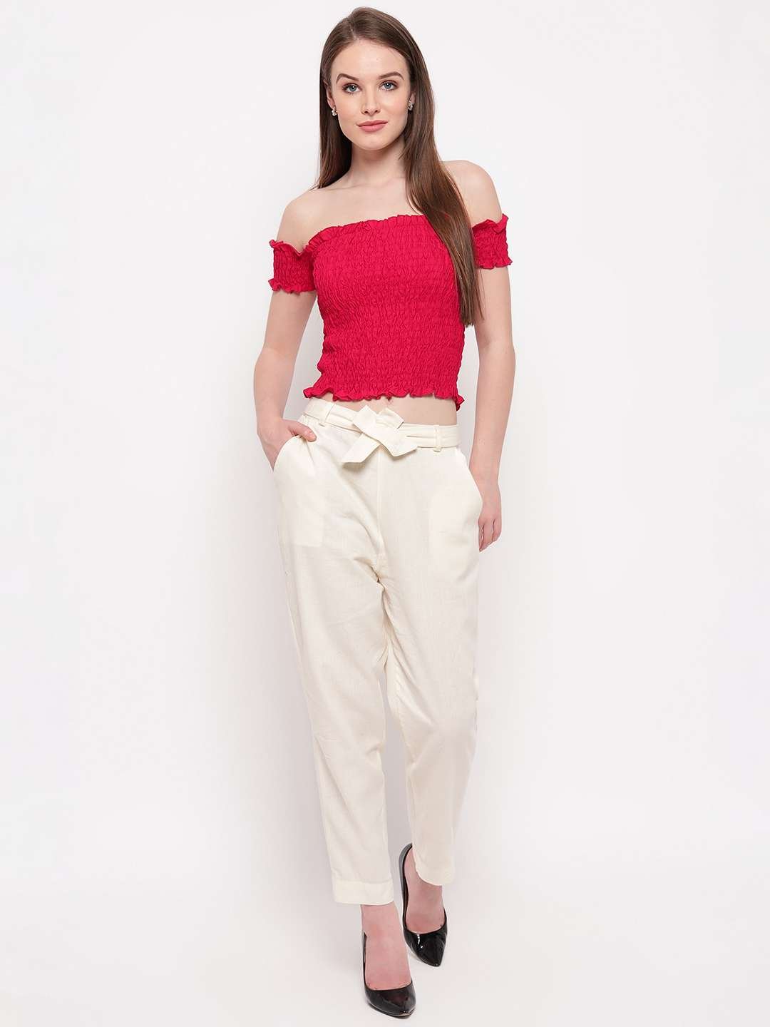 Women's Rayon Solid Off-Shoulder Smocked Crop Top Short Sleeve Casual Styles Tank Top (FREE SIZE) Multi26 - Image 3