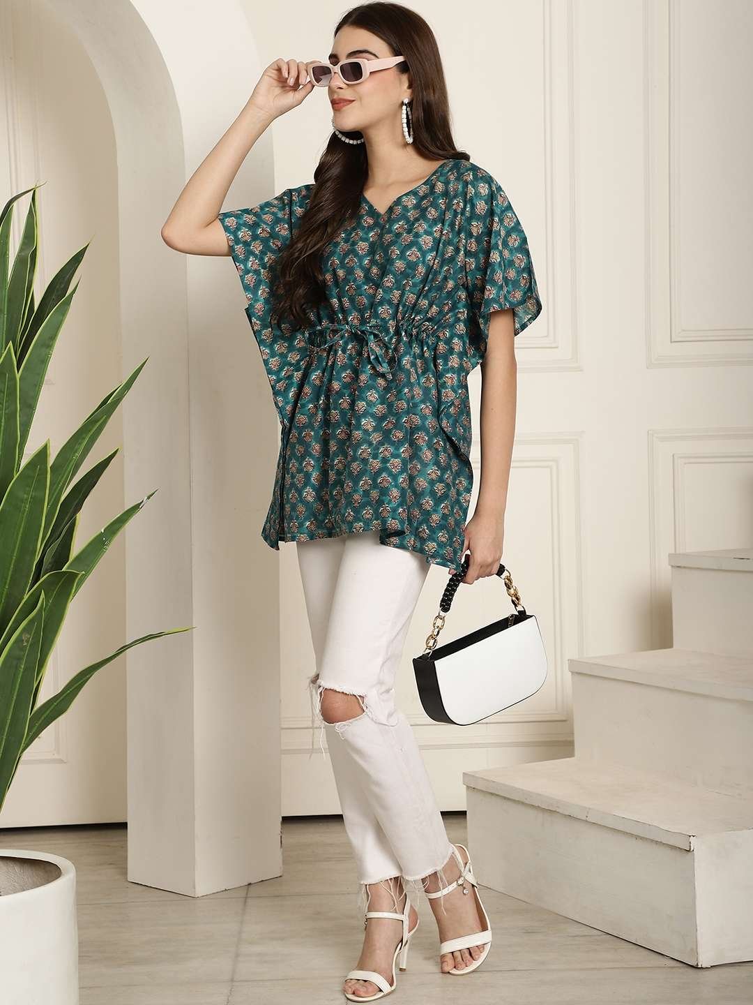 Women's Chanderi Printed Kaftan Top With Bell Sleeve Dress (Green) - Image 3