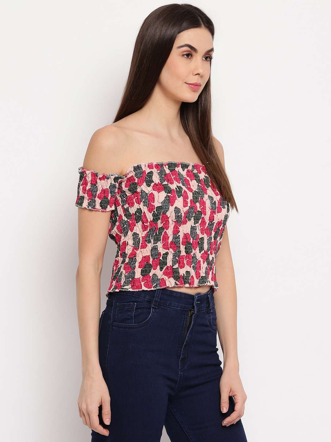 Women's Rayon Printed Off-Shoulder Smocked Crop Top Short Sleeve Casual Styles Tank Top (FREE SIZE) Multi35 - Image 2