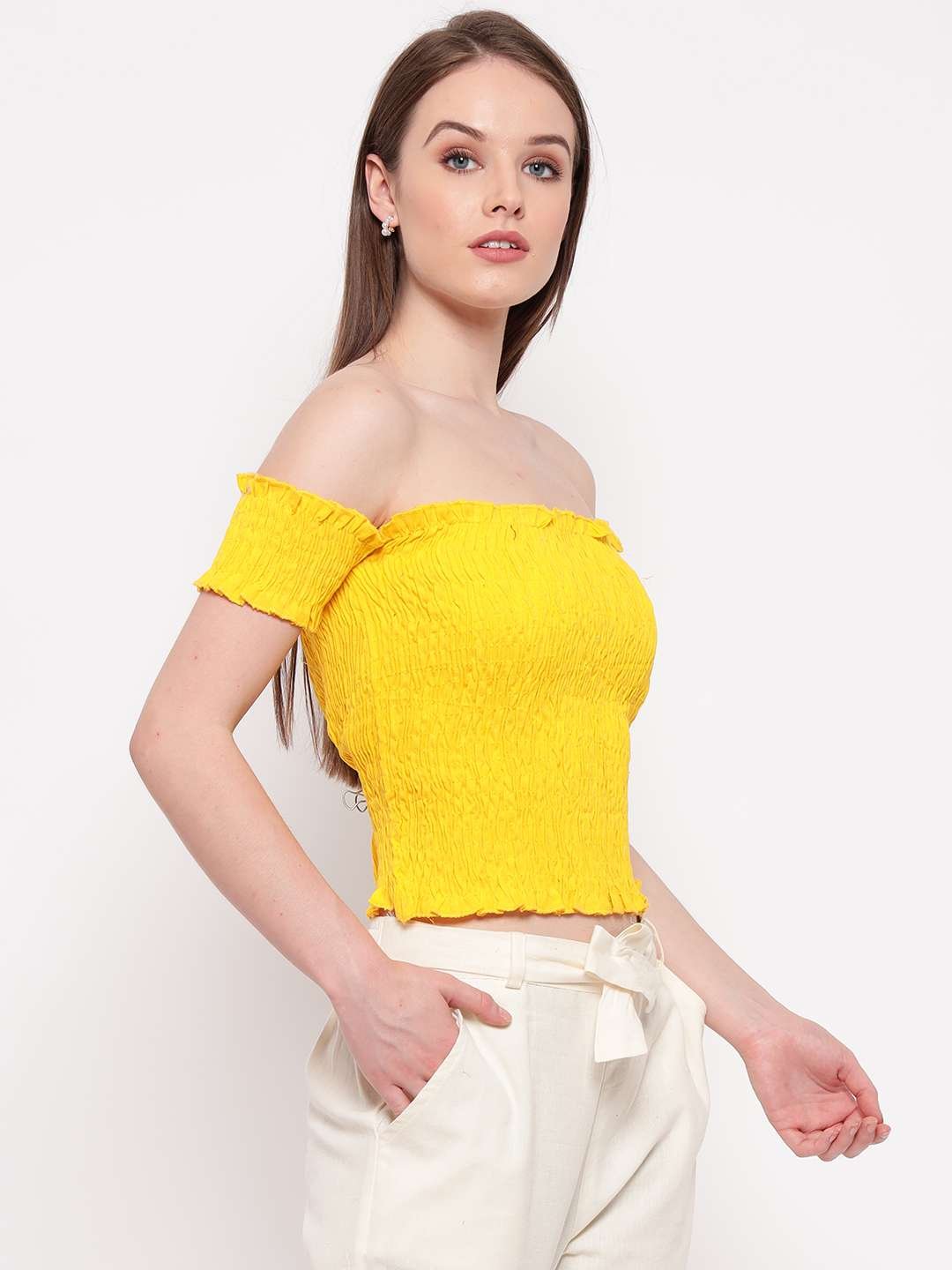 Women's Rayon Solid Off-Shoulder Smocked Crop Top Short Sleeve Casual Styles Tank Top (FREE SIZE) Multi31 - Image 2