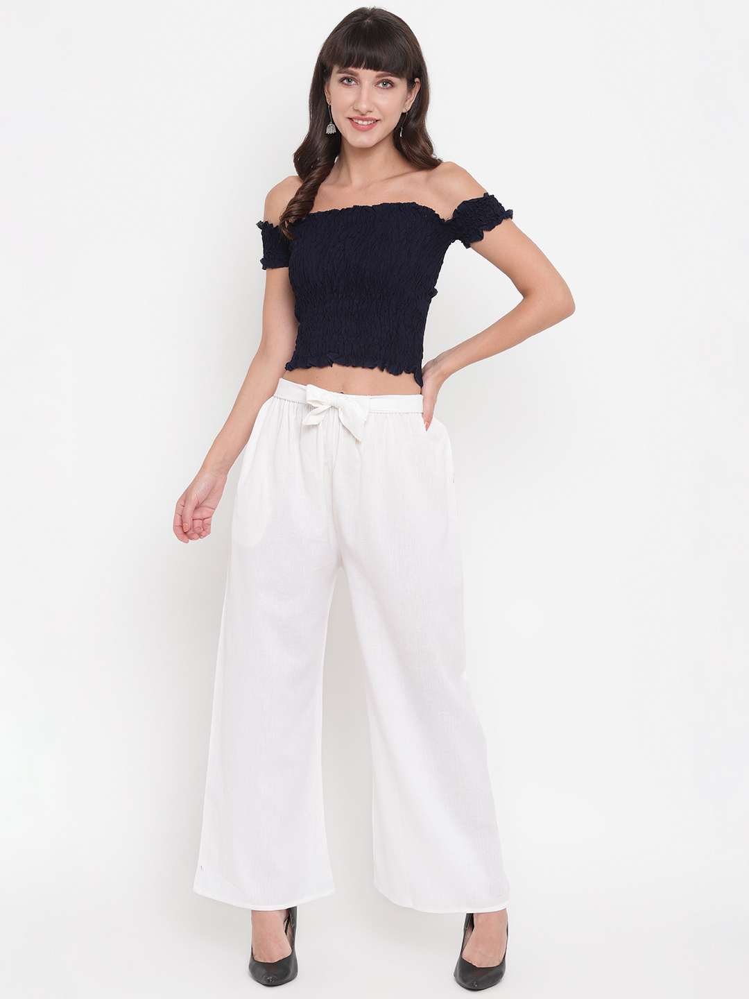Women's Rayon Solid Off-Shoulder Smocked Crop Top Short Sleeve Casual Styles Tank Top (FREE SIZE) Multi20 - Image 4
