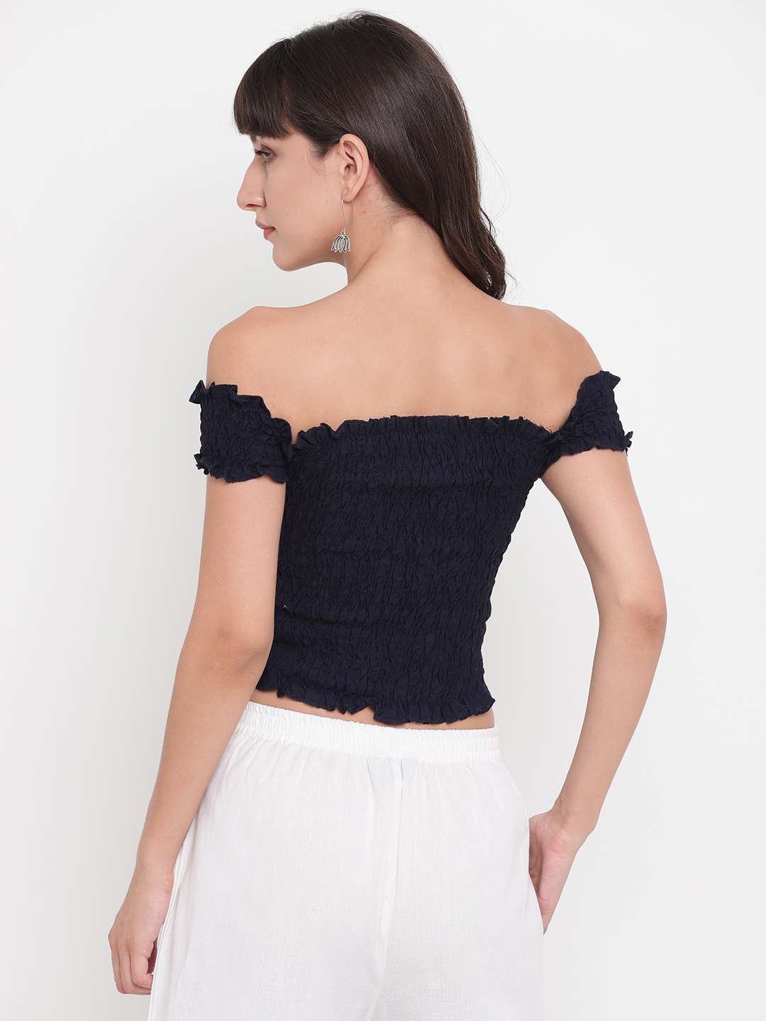 Women's Rayon Solid Off-Shoulder Smocked Crop Top Short Sleeve Casual Styles Tank Top (FREE SIZE) Multi20 - Image 3