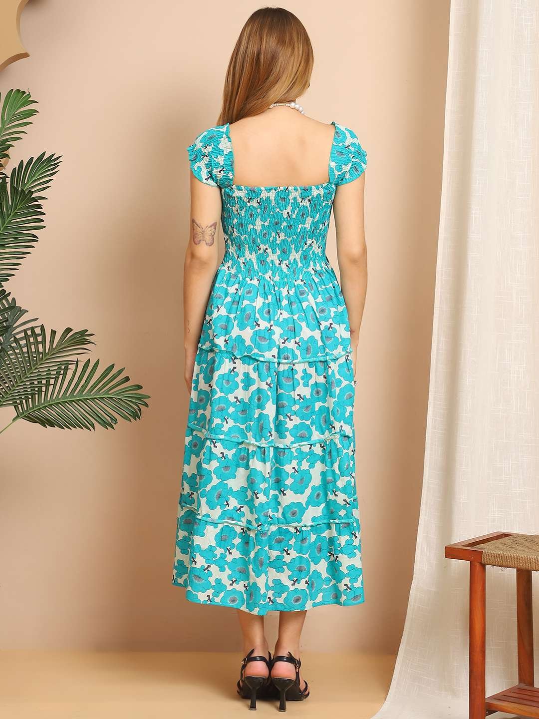 Women's Viscos Rayon Printed Off Shoulder Midi Dress For Summer And Casual Wear (Blue Floral) - Image 7