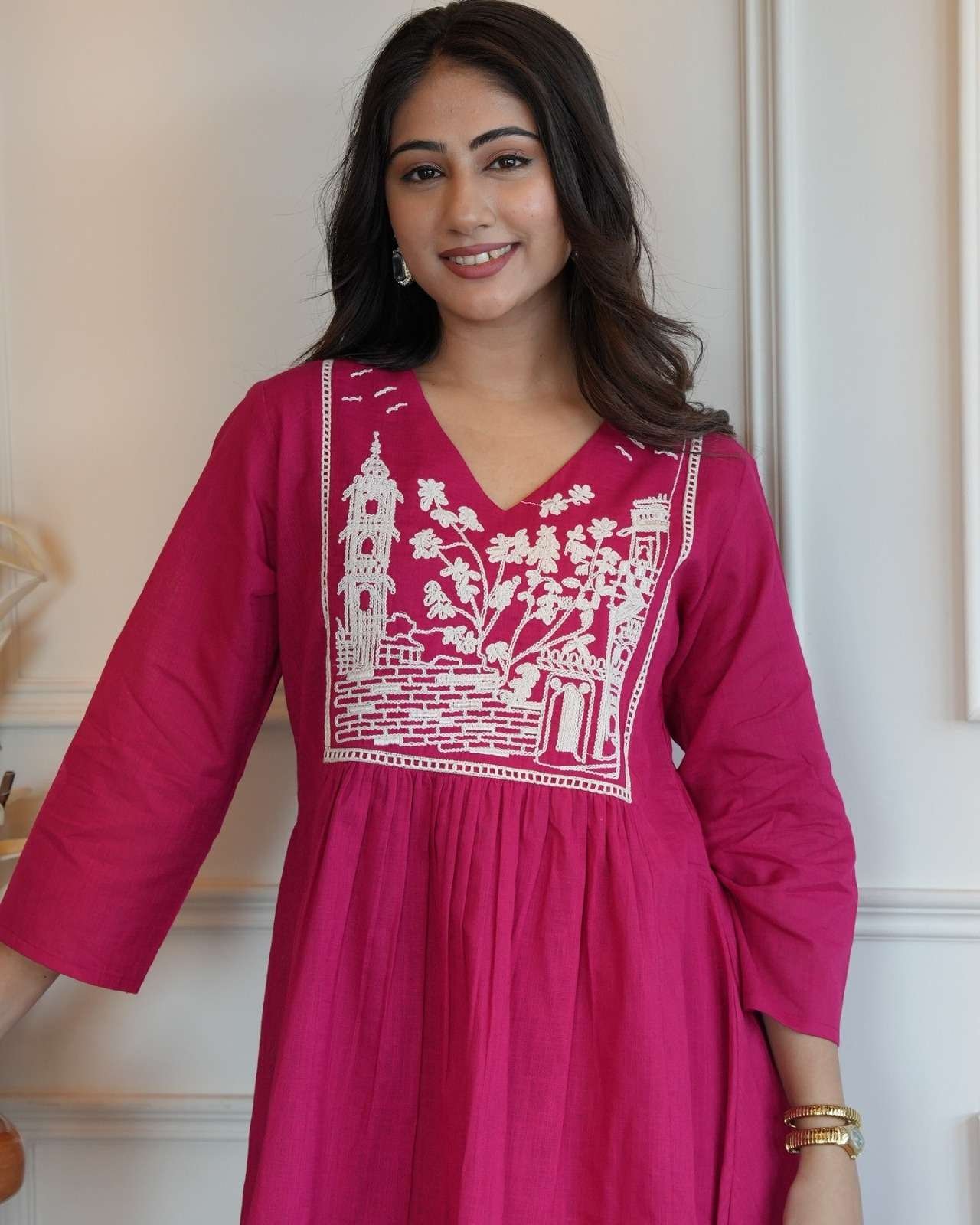 Women's Cotton Embroidered Short Anarkali Kurti with pant - Image 2