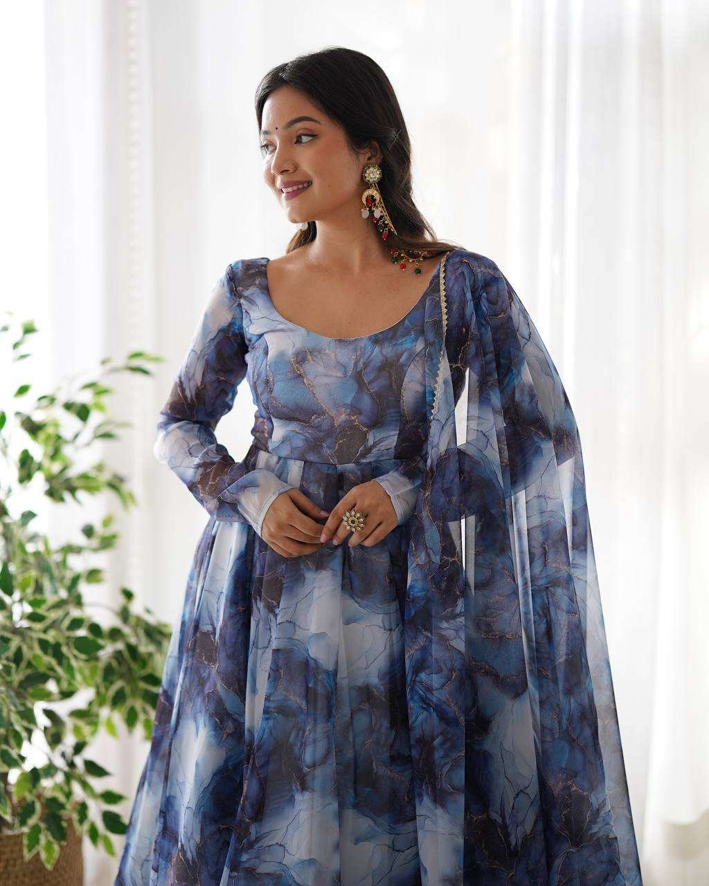 Womens Crunchy Silk Anarkali Kurti with Pant & Dupatta Set - Image 6