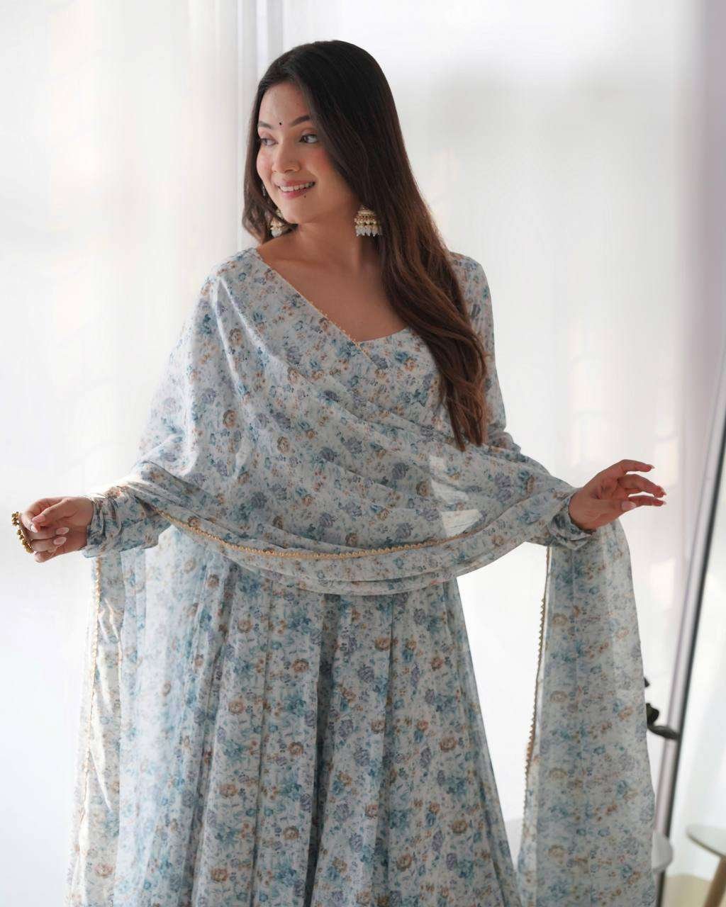 Womens Crunchy Silk Anarkali Kurti with Pant & Dupatta Set - Image 2
