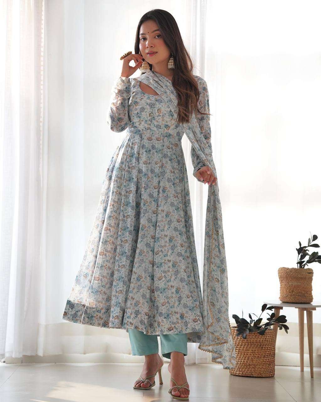 Womens Crunchy Silk Anarkali Kurti with Pant & Dupatta Set - Image 4