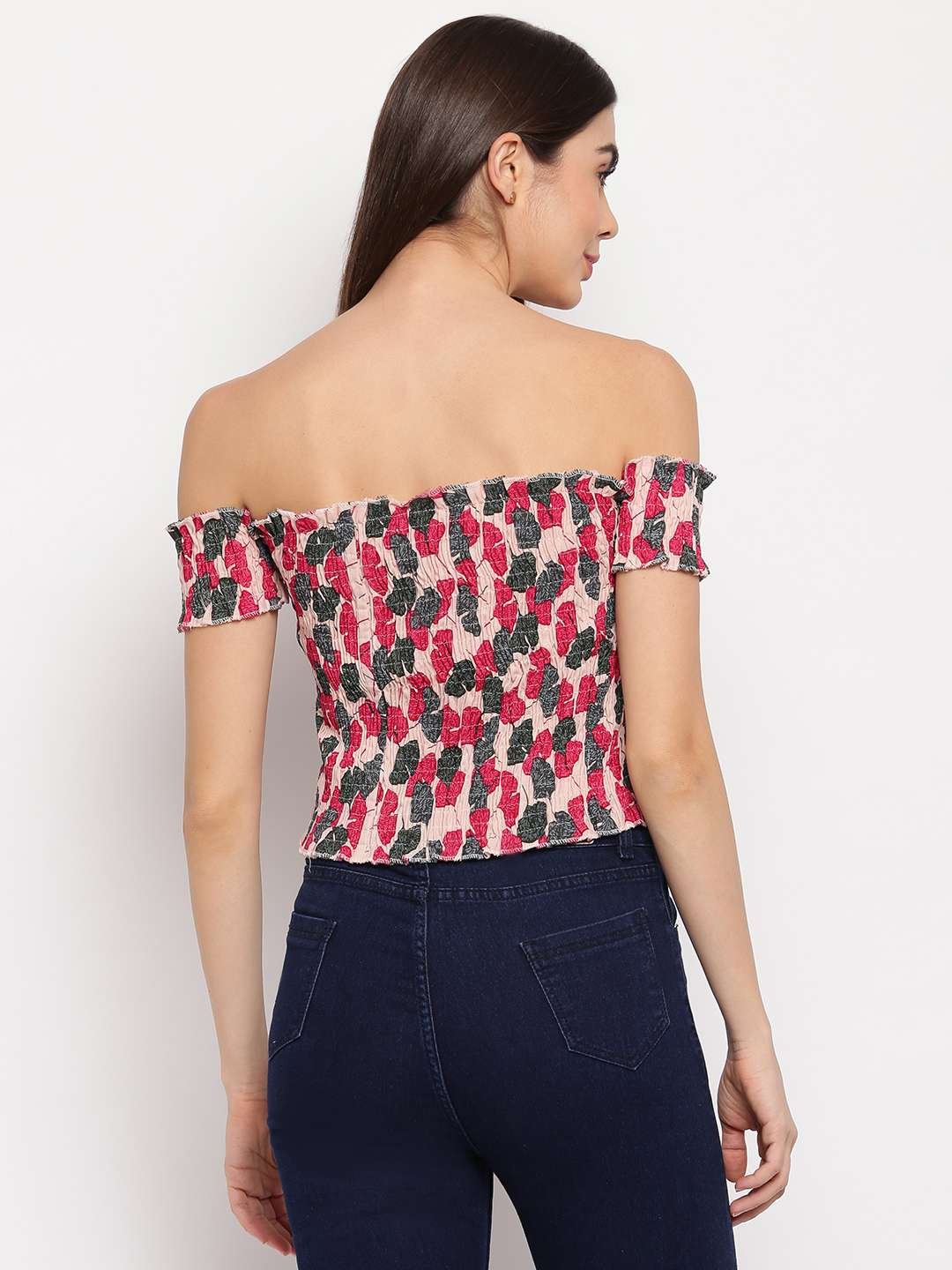 Women's Rayon Printed Off-Shoulder Smocked Crop Top Short Sleeve Casual Styles Tank Top (FREE SIZE) Multi35 - Image 3